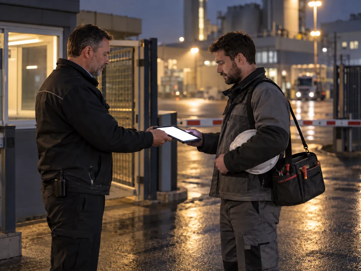 Am Werkstor reicht ein Mitarbeiter einem externen Monteur in Arbeitskleidung ein Tablet, auf dem dieser die Sicherheitsunterweisung vor dem Betreten absolviert (mit KI erstellt)