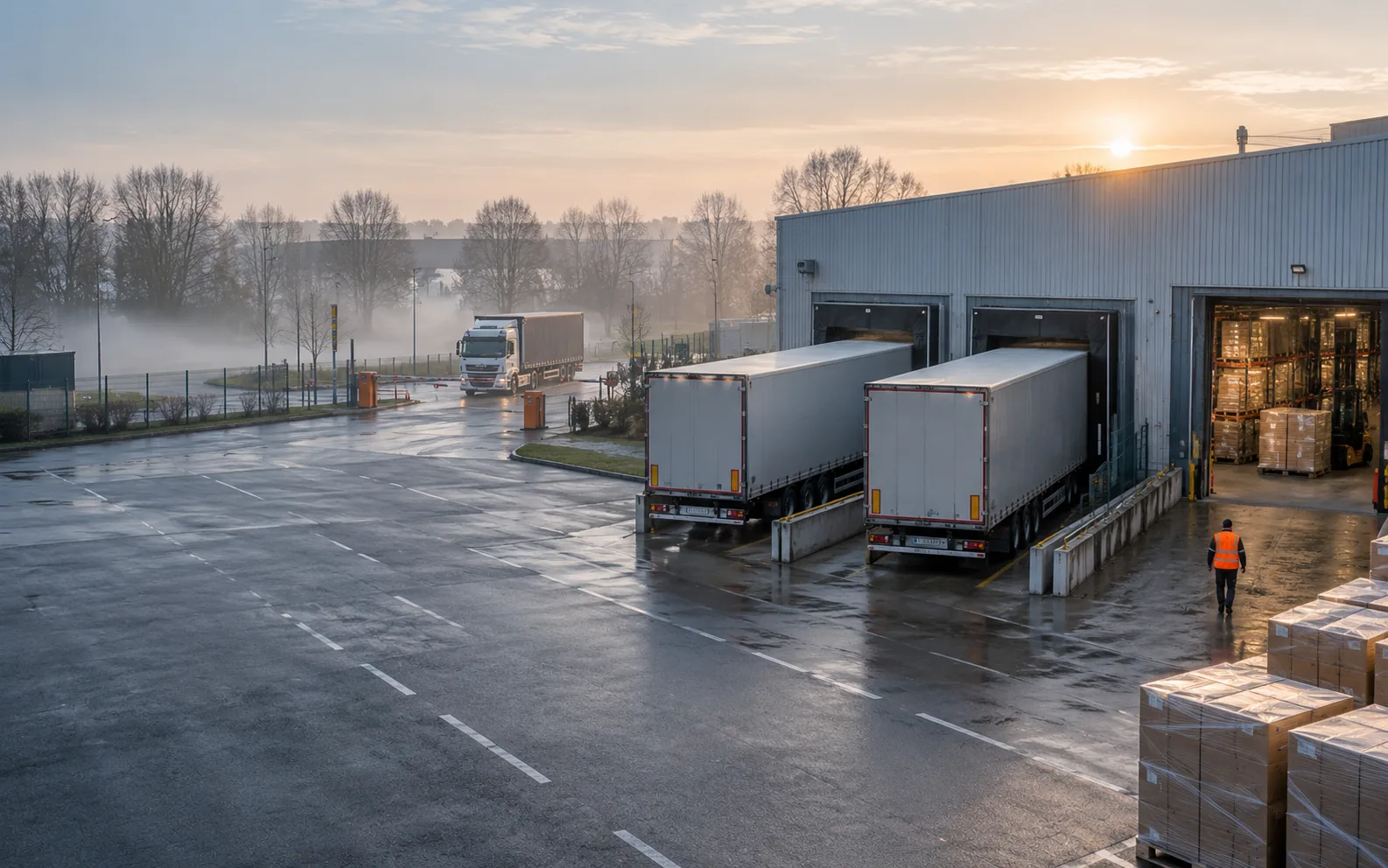 Nebliger Betriebshof einer Spedition am Morgen: Sattelauflieger an der Verladerampe, offenes Lagertor, einfahrender Lkw (mit KI erstellt)