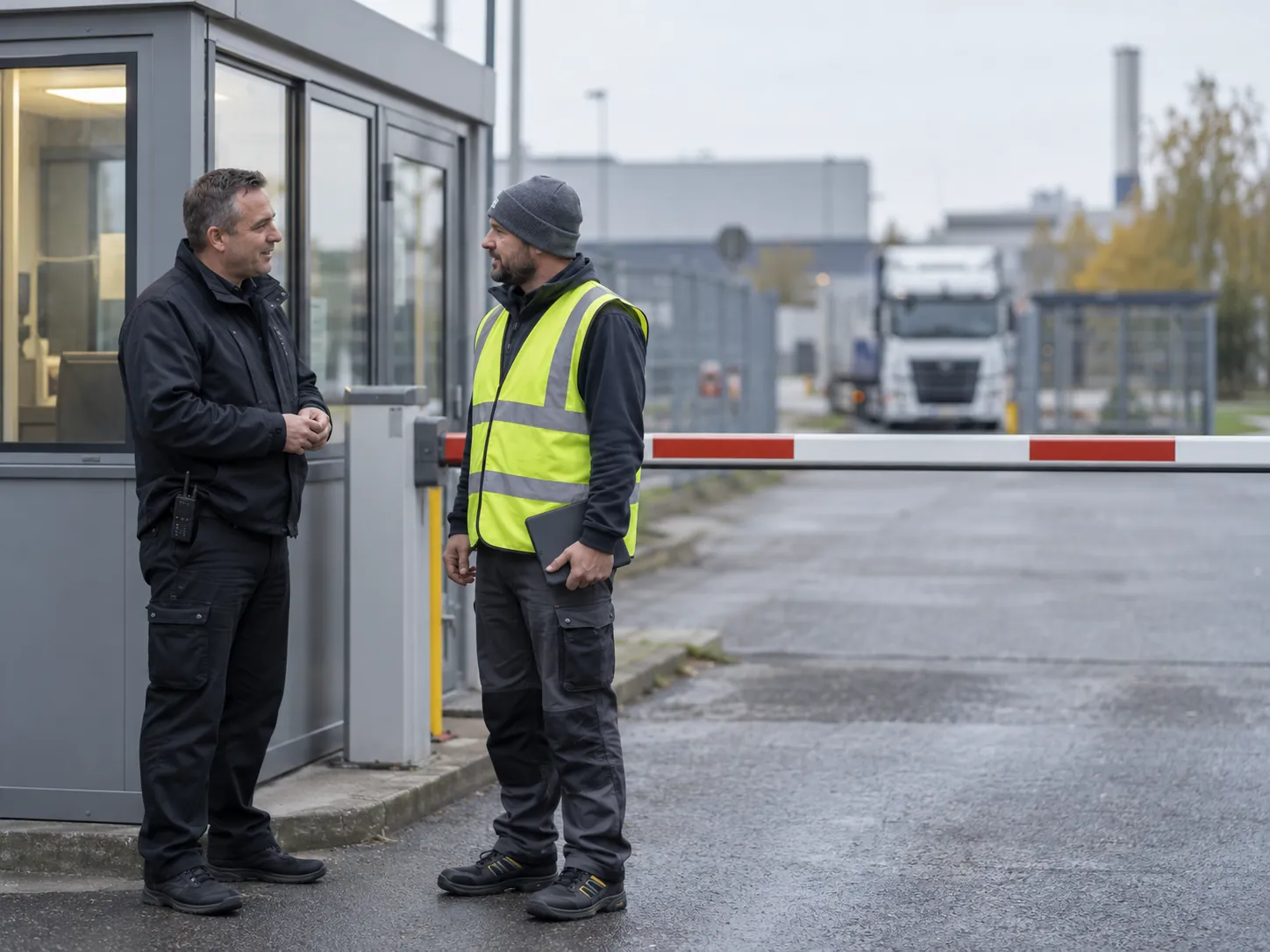 Pförtner und Fahrer einer Fremdfirma im Gespräch an der geschlossenen Schranke der Werkszufahrt (mit KI erstellt)