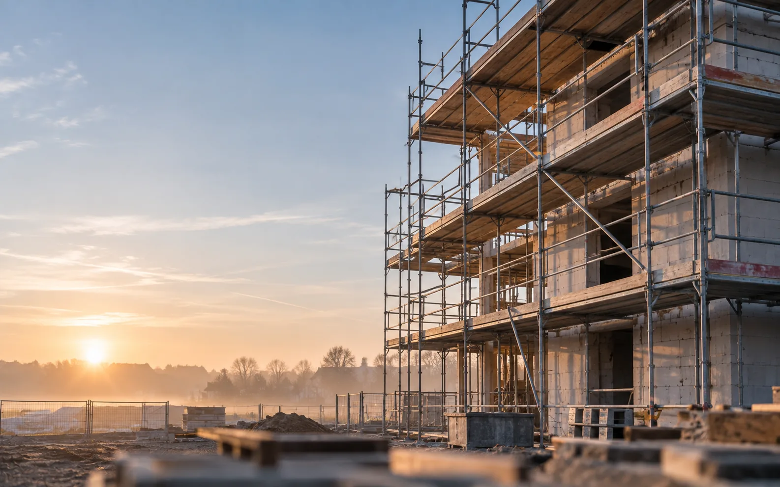 Fassadengerüst an einem Rohbau im frühen Morgenlicht, Baustelle noch ohne Personen (mit KI erstellt)